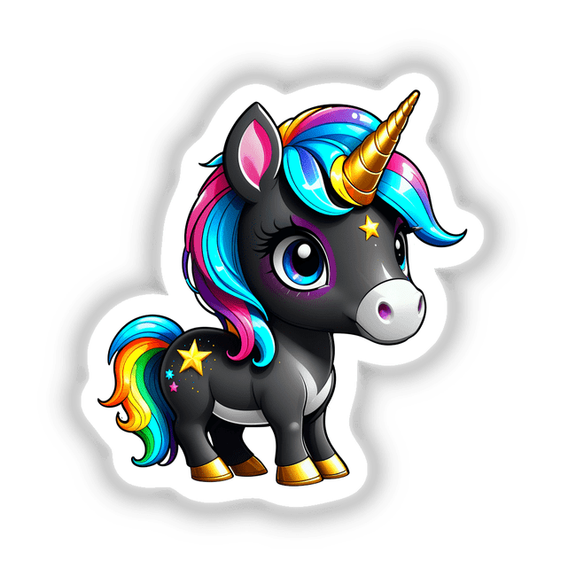 Cute And Magical Pony Unicorn: A cartoon clipart of a unicorn featuring a colorful rainbow horn and expressive blue eye, available as stickers or digital artwork from Decal Venue.