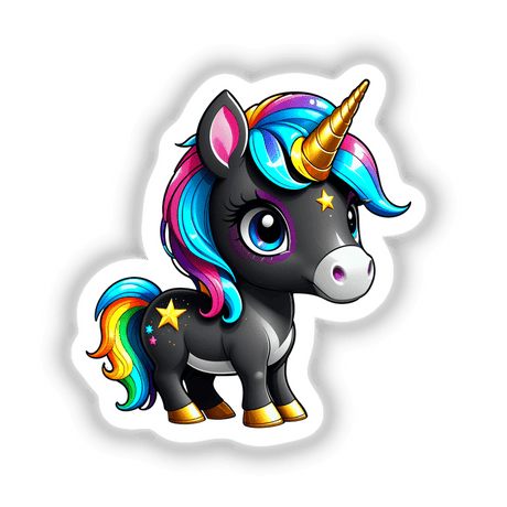 Cute And Magical Pony Unicorn: A cartoon clipart of a unicorn featuring a colorful rainbow horn and expressive blue eye, available as stickers or digital artwork from Decal Venue.