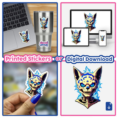 A collage featuring A Cool Undead Cat Skeleton stickers and a digital download, with various placements on laptops and cups, showcasing unique designs from Decal Venue.