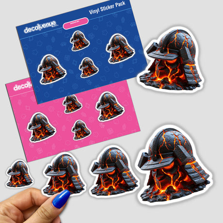 Molten Lava Samurai Helmet sticker featuring an intricate design of a helmet adorned with molten lava elements, emphasizing the unique artistry of Decal Venue's sticker collection.