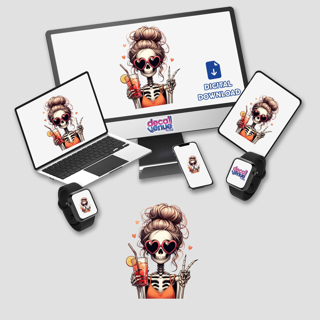 Spooky Halloween girl with bun hairstyle and skull makeup holding a peace sign in digital artwork format, available as stickers or digital download from Decal Venue store.