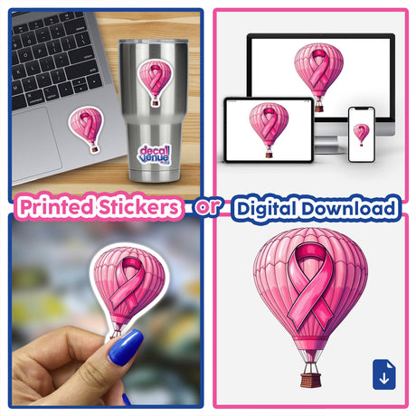 Hot Air Balloon Pink Ribbon Breast Cancer-2: A collage showcasing pink hot air balloons adorned with pink ribbons, available as stickers or digital artwork, highlighting breast cancer awareness.