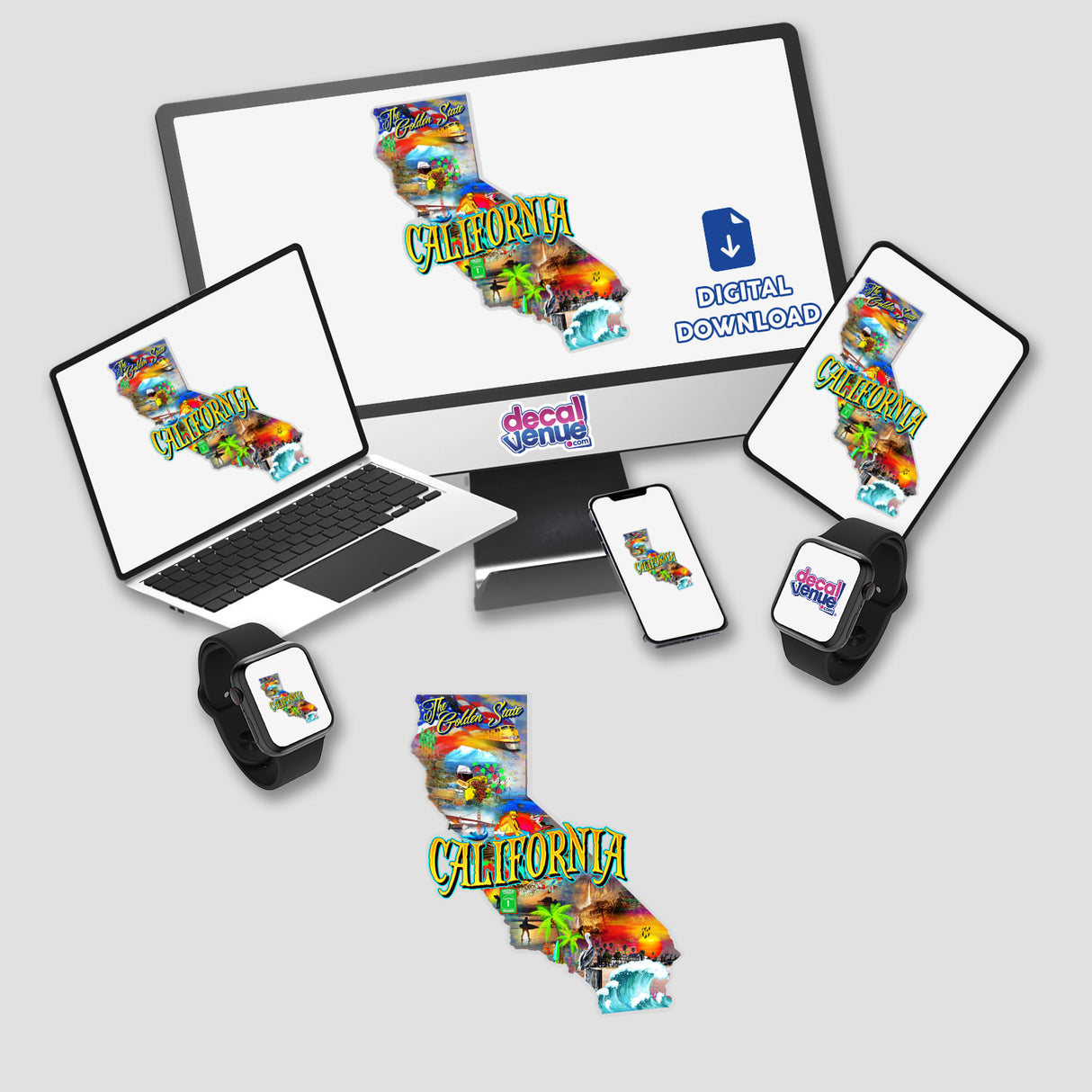 California-themed digital artwork displayed on a computer monitor and laptop, available as stickers or digital downloads, featuring a map of California.