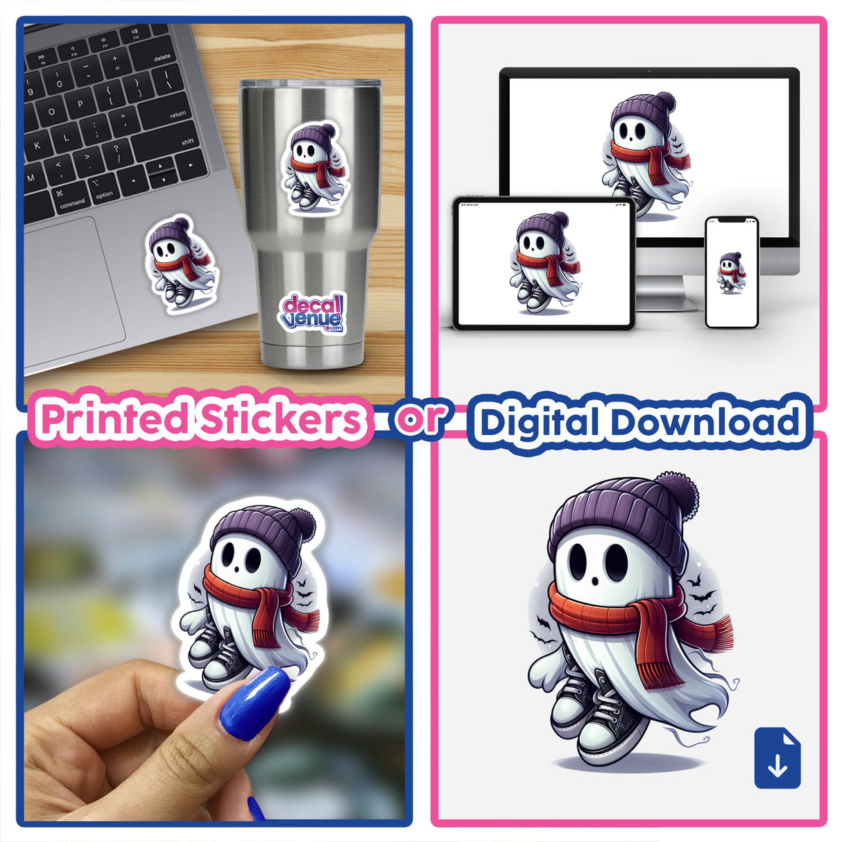 Boy Ghost w/ Beanie and Sneakers sticker collage featuring a cartoon ghost in a hat and scarf, displayed on various items like a laptop and a cup.