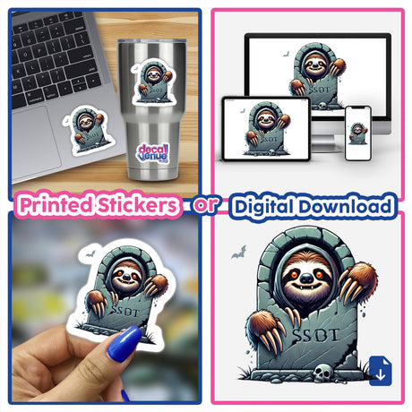 Halloween Sloth Peeking Out of Tombstone sticker, featuring a cartoon sloth emerging from a grave. Perfect for adding spooky cuteness to crafts or digital projects.