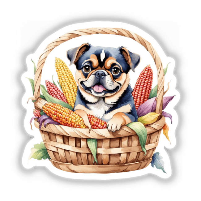 Watercolor Autumn Chug Dog in Corn Basket Clipart - Cute Fall Dog Illustration Sticker. A small dog sits in a basket filled with corn cobs, available as stickers or digital artwork.