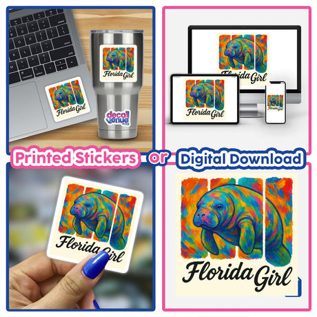 Florida Girl Sticker or Clipart featuring a colorful manatee design, available as stickers or digital artwork, perfect for adding unique charm to your projects. Commercial rights included.