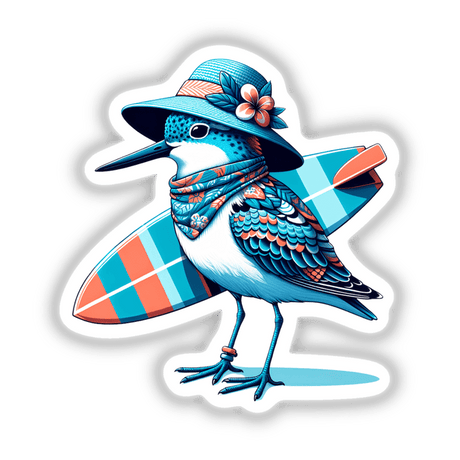 Sandpiper Bird Holding Surfboard in Summer Beach Hat