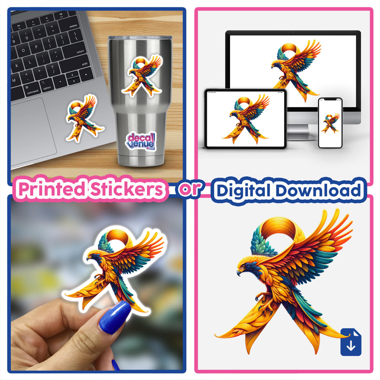 Hawk Gold Ribbon Childhood Cancer Awareness sticker collage featuring colorful birds, hands, and laptops, available as unique vinyl stickers or digital artwork from Decal Venue.