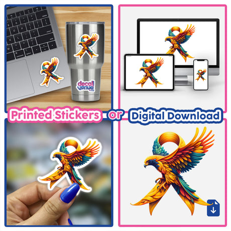 Hawk Gold Ribbon Childhood Cancer Awareness sticker collage featuring colorful birds, hands, and laptops, available as unique vinyl stickers or digital artwork from Decal Venue.