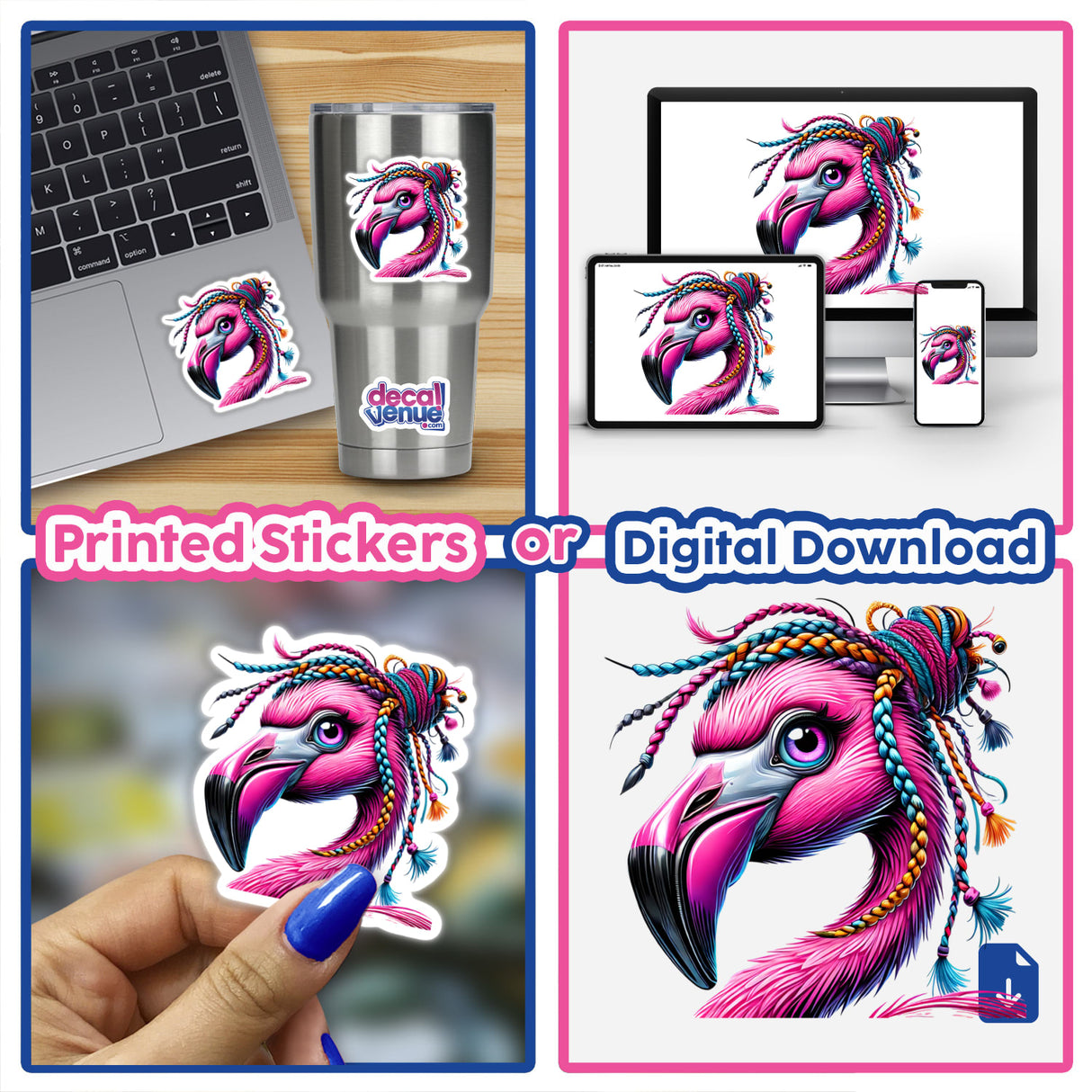 Flamingo with Braided Yarn Hair Bun sticker on a laptop, showcasing a charming design perfect for personalizing devices or spaces, aligning with Decal Venue's unique artistic approach.