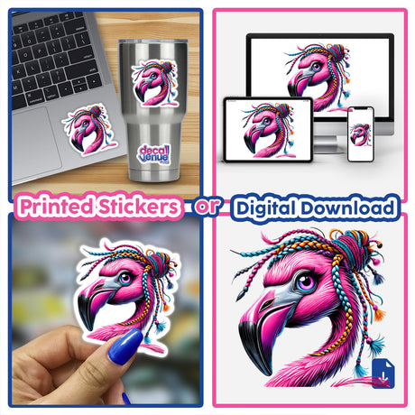 Flamingo with Braided Yarn Hair Bun sticker on a laptop, showcasing a charming design perfect for personalizing devices or spaces, aligning with Decal Venue's unique artistic approach.