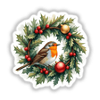 Robin in a Christmas Wreath: A digital artwork or sticker featuring a robin perched on a holly wreath with berries, embodying a festive theme perfect for holiday decoration.