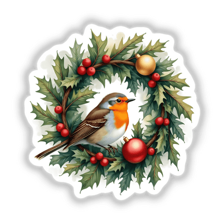 Robin in a Christmas Wreath: A digital artwork or sticker featuring a robin perched on a holly wreath with berries, embodying a festive theme perfect for holiday decoration.