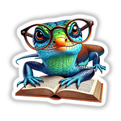 Skink Lizard With Reading Glasses Open Book illustration, featuring a whimsical lizard wearing glasses and reading. Available as stickers or digital artwork, reflecting Decal Venue's unique art style.