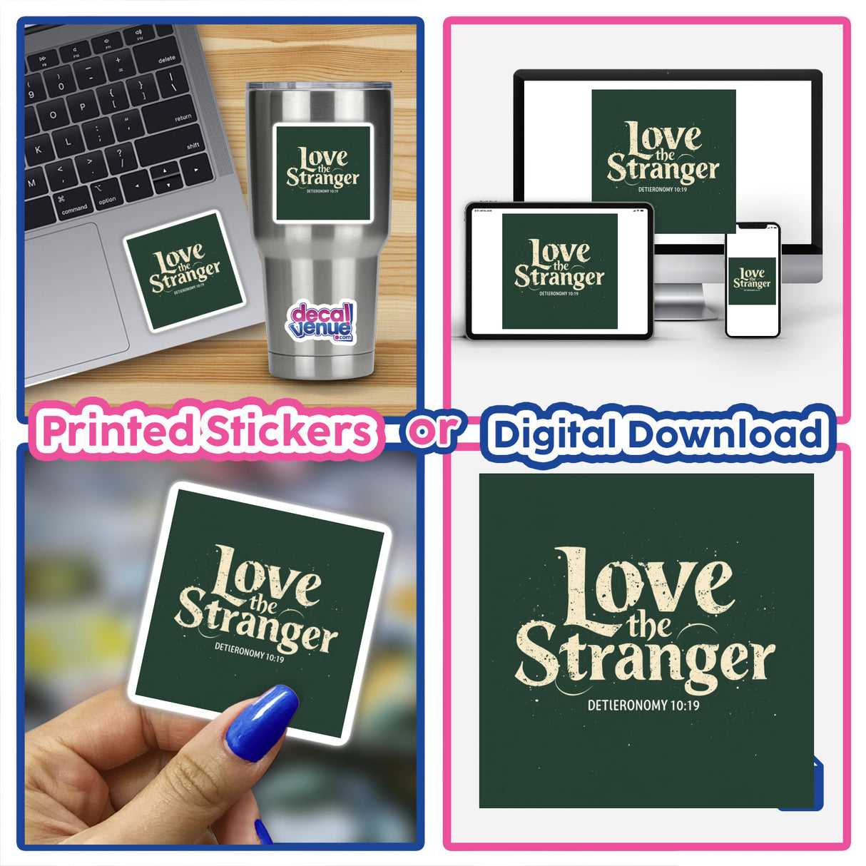 Love the Stranger - Deuteronomy 10:19 - Christian Sticker or Clipart featuring a laptop with a sticker, emphasizing the product's design and commercial rights usage.