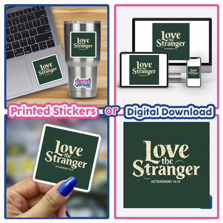 Love the Stranger - Deuteronomy 10:19 - Christian Sticker or Clipart featuring a laptop with a sticker, emphasizing the product's design and commercial rights usage.