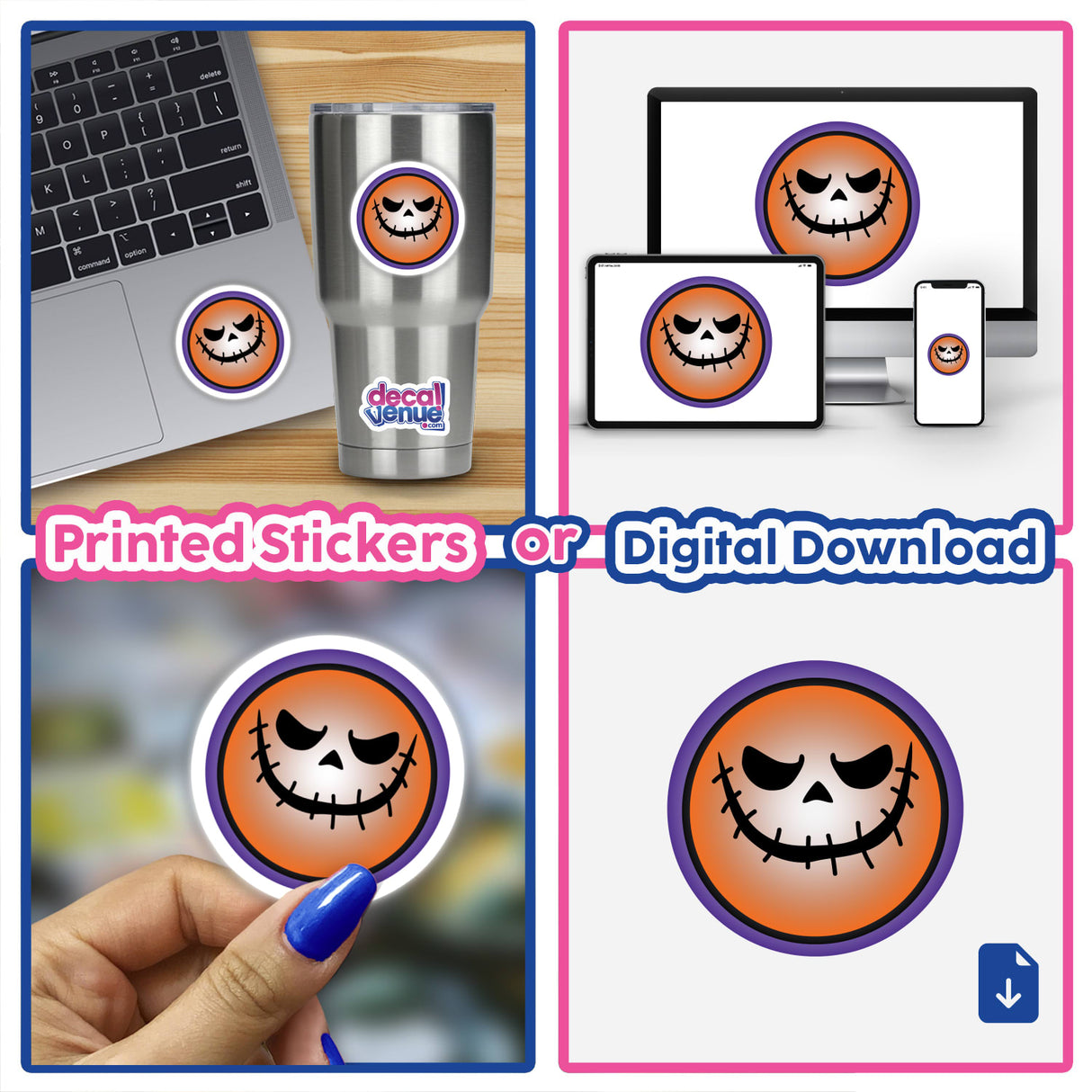 Collage featuring a laptop adorned with a Halloween Face sticker, a close-up of the sticker, and a hand holding the sticker.