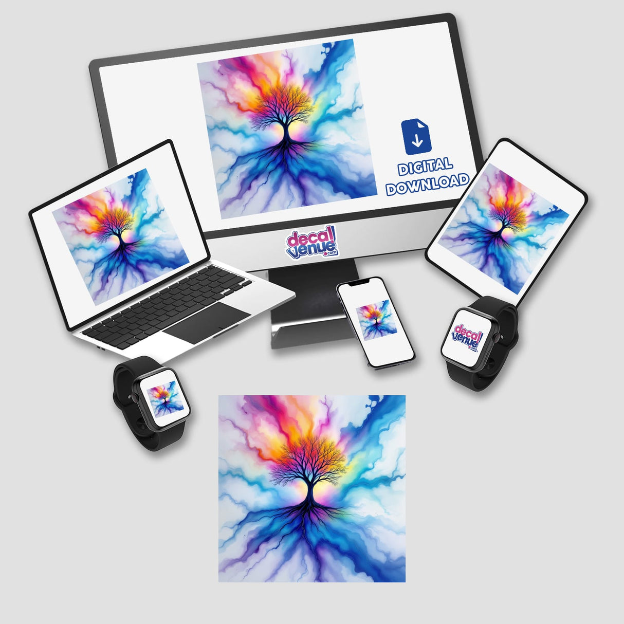 Tree Alcohol Ink Design displayed on screens and devices, showcasing vibrant digital artwork available as stickers or digital downloads.