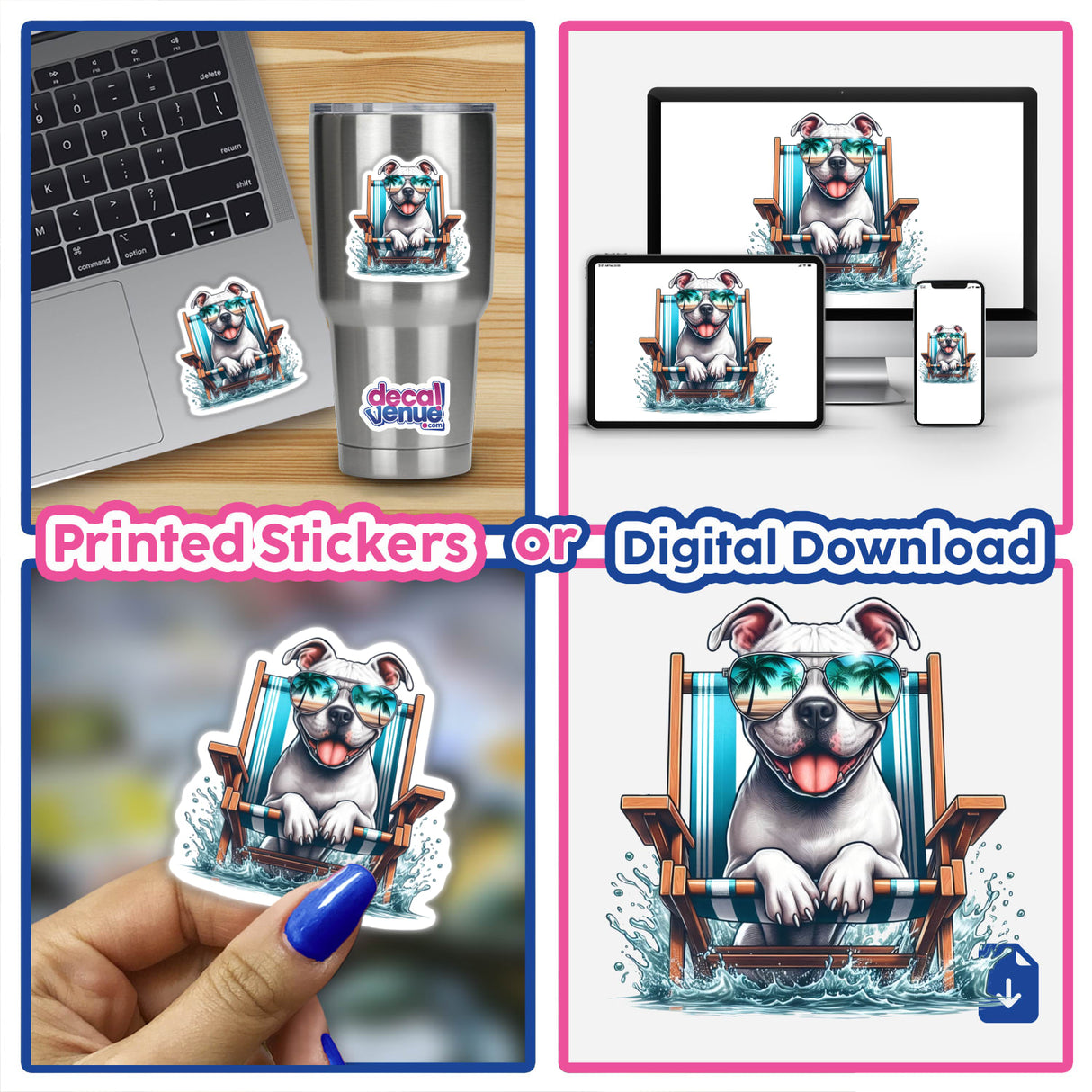 Peeking White Pitbull Sitting in Beach Chair sticker, featuring a cartoon-style dog wearing sunglasses, available as a vinyl sticker or digital artwork, displayed on a laptop and cup.