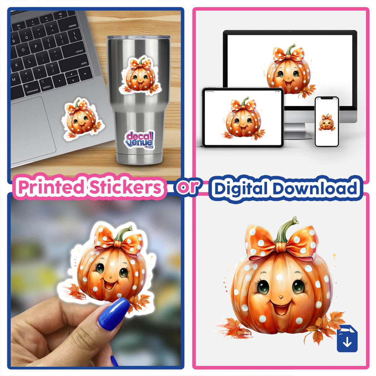 Cute orange polka dot pumpkin digital artwork, available as printed stickers or digital download, featuring a smiling pumpkin face with a bow, displayed on various digital devices and products.