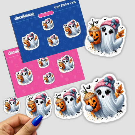 Cute Pink Beanie Pumpkin Spice Ghost stickers featuring cartoon ghosts holding drinks and pumpkin cups, available as stickers or digital artwork.