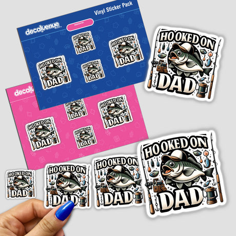 Hand holding 'Hooked on Dad Fish' sticker pack featuring fish and fishing gear illustrations. Available as stickers or digital artwork from Decal Venue.