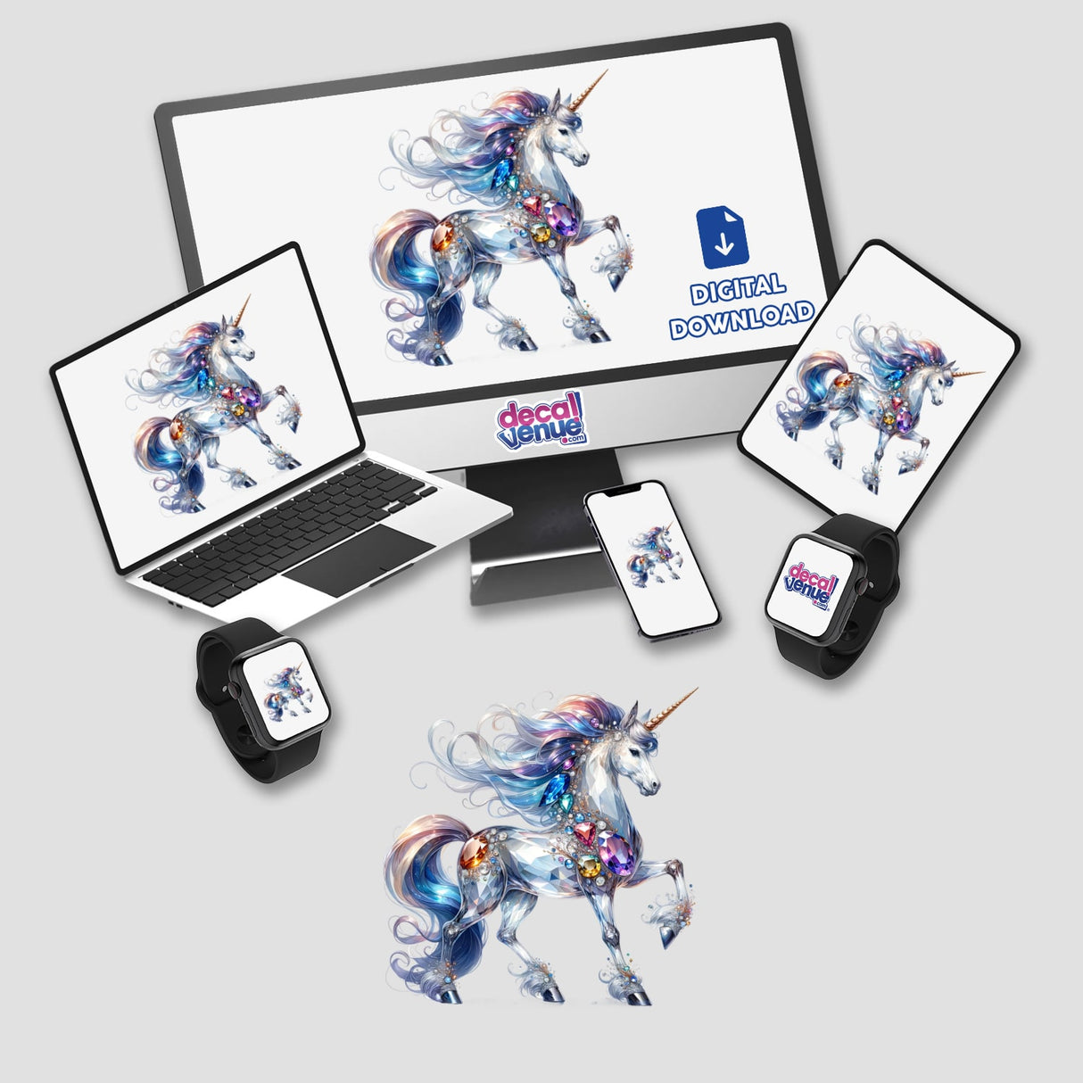 Unicorn Jewels and Gemstones sticker or digital artwork featuring a unicorn adorned with gems on a laptop, monitor, mouse, phone, and smartwatch screens.