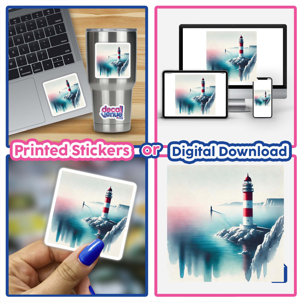 Collage featuring Lighthouse on the Cliff - Bohemian Watercolor Landscape as a sticker on a laptop and a digital artwork, emphasizing unique and artistic decal options from Decal Venue.