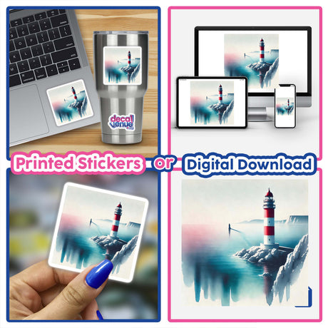 Collage featuring Lighthouse on the Cliff - Bohemian Watercolor Landscape as a sticker on a laptop and a digital artwork, emphasizing unique and artistic decal options from Decal Venue.