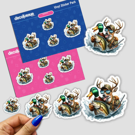 Duck Deer and Fish Hunting Buddies stickers feature cartoon animals with sunglasses, showcasing a duck, deer, and fish in playful poses, perfect for vinyl sticker enthusiasts.