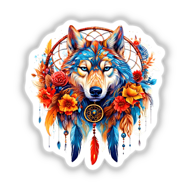 Dreamcatcher wolf illustration featuring intricate flowers and feathers, available as stickers or digital artwork from Decal Venue.