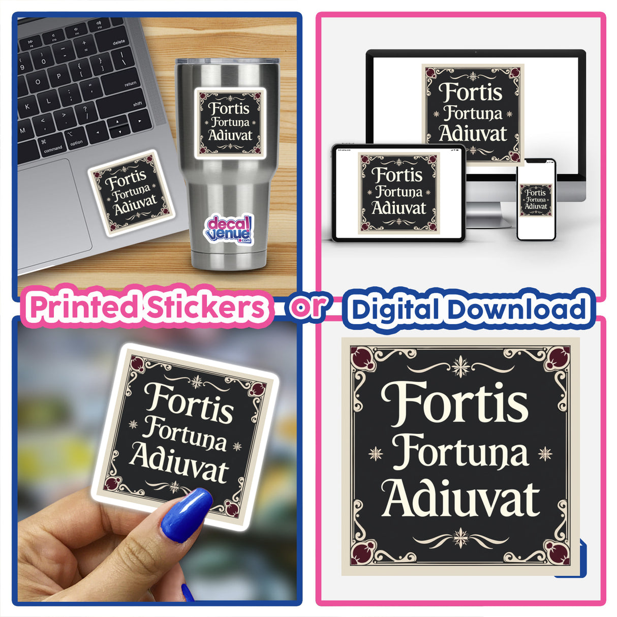 Fortis Fortuna Adiuvat Sticker and Digital Artwork featuring bold, dark academia style clipart. Seen in a collage with laptops and signs, this unique design symbolizes Fortune Favors the Bold.