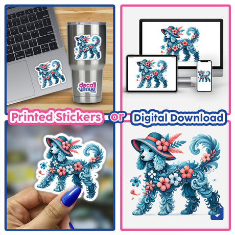 Poodle Dog in Summer Beach Hibiscus Hat illustration collage on items like laptops, cups, and nails, showcasing unique and versatile sticker applications.