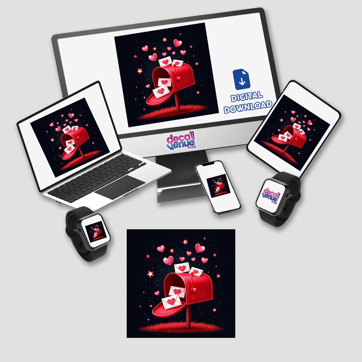 Red Mailbox with Love Letters and Pink Hearts depicted on various electronic screens, highlighting its availability as stickers or digital artwork.