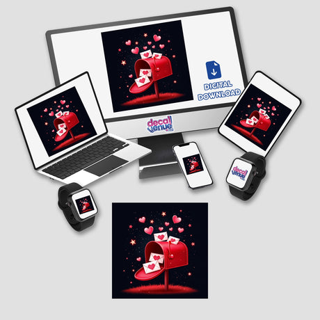Red Mailbox with Love Letters and Pink Hearts depicted on various electronic screens, highlighting its availability as stickers or digital artwork.