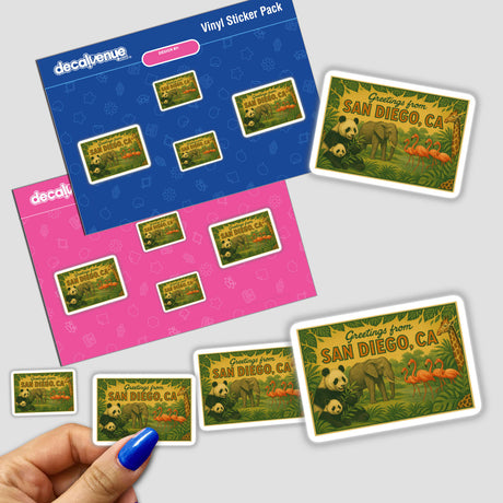 Greetings from San Diego Postcard Sticker or Clipart showcases vintage zoo art, available as high-quality stickers or digital artwork, embodying Decal Venue's unique vinyl and digital art offerings.
