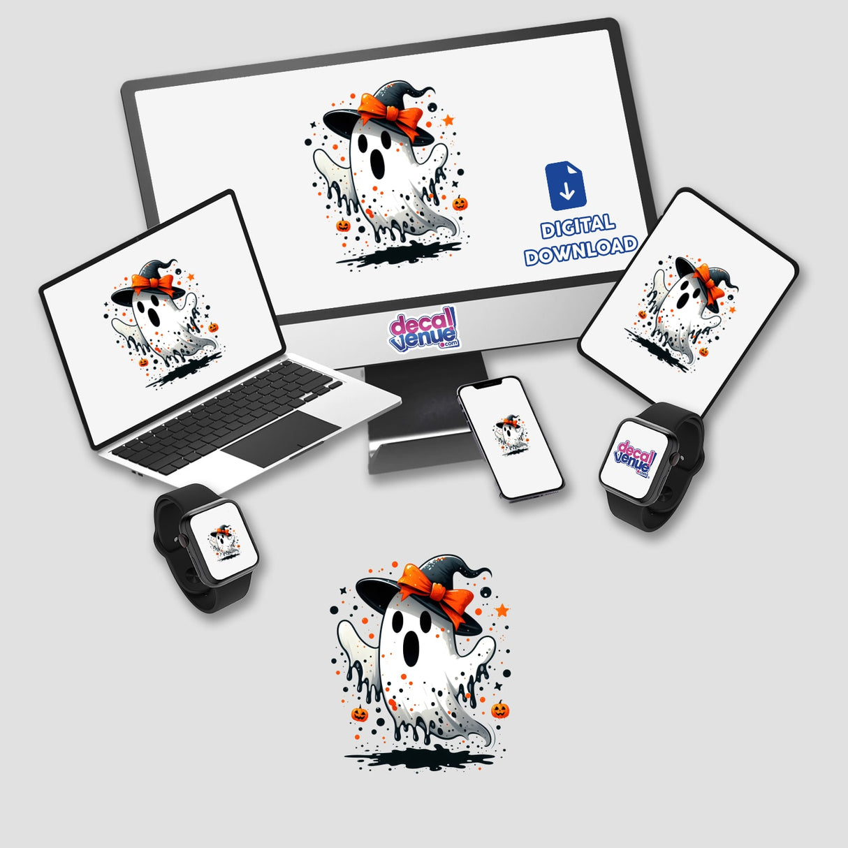 Halloween Boo Splatter Ghost stickers or digital artwork featuring a cartoon ghost with a hat on computer screens and laptops.