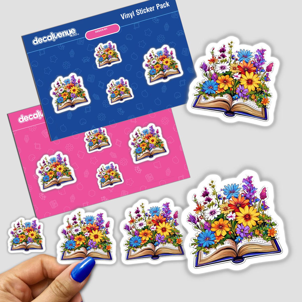 Floral book: Colorful digital art stickers from the Decal Venue featuring a vibrant bouquet of flowers sprouting from an open book.