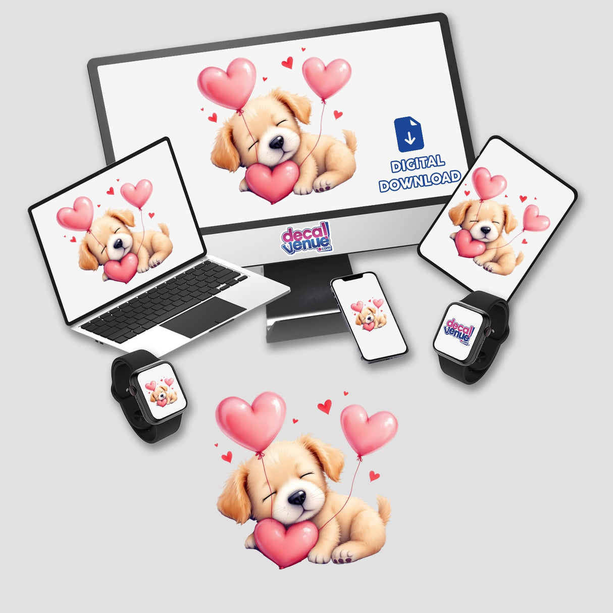 Sleeping Puppy with Heart Balloons: A cartoon puppy peacefully rests, surrounded by whimsical heart-shaped balloons on a computer monitor and laptop, embodying warmth and charm.