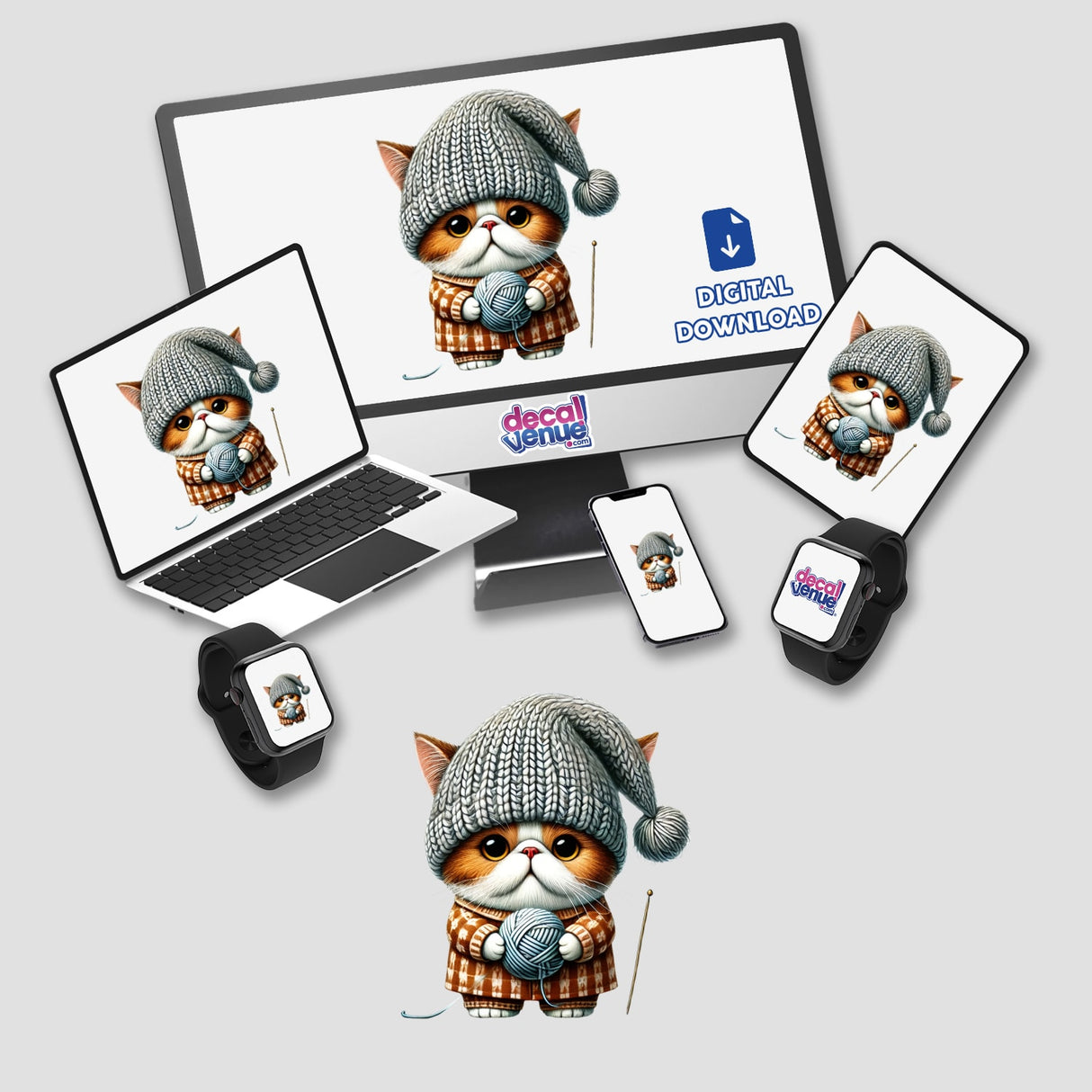 British Shorthair Cat Gnome Holding Ball of Yarn cartoon displayed on a computer monitor and laptop screen. Available as stickers or digital artwork.