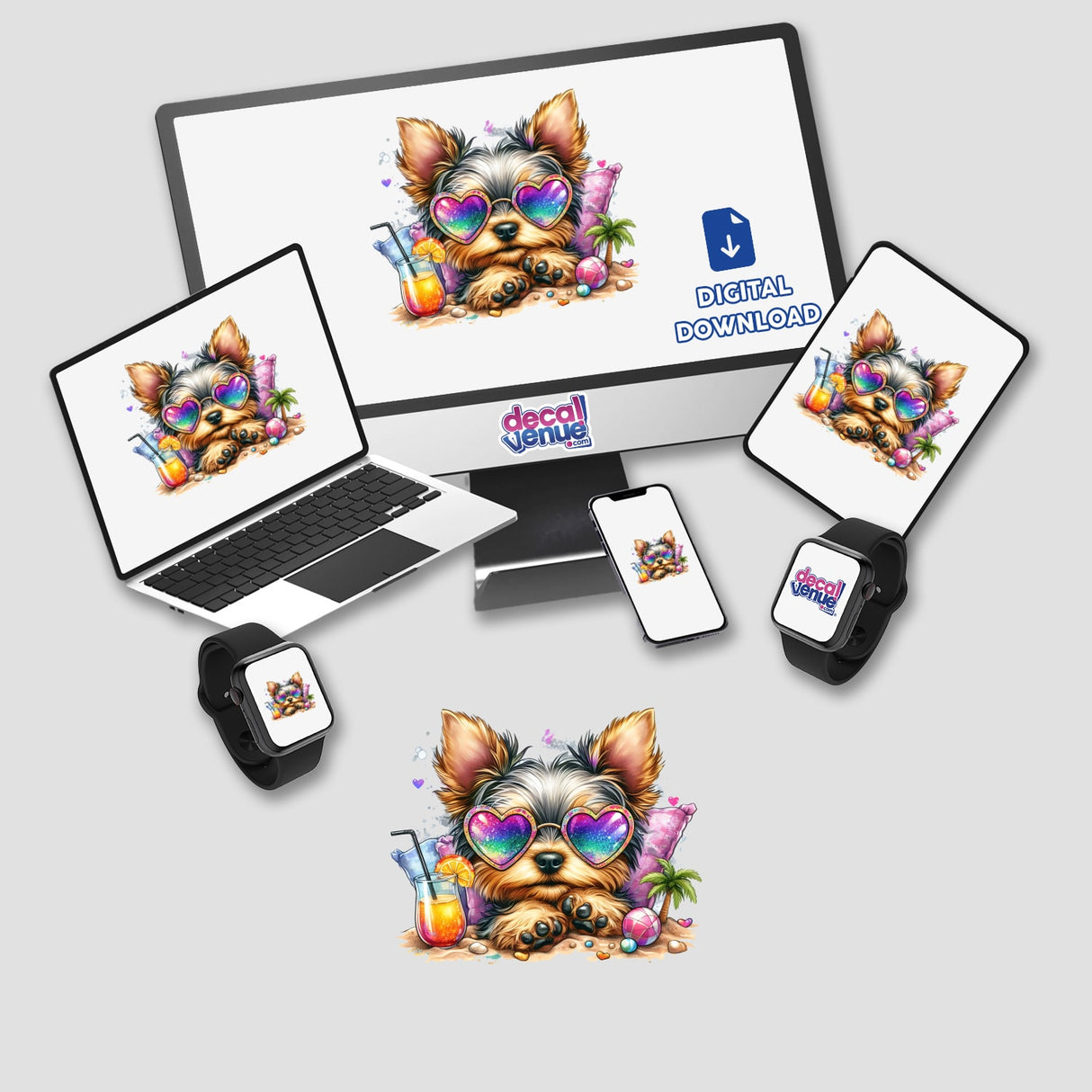 Relaxed Yorkie dog on tropical island with sunglasses and beach accessories