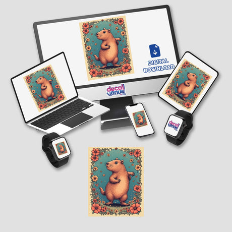 Capybara Floral Border Sticker or Clipart with Commercial Rights - Whimsical Nature Design featuring a cartoon capybara surrounded by flowers, displayed on a laptop and monitor at Decal Venue.