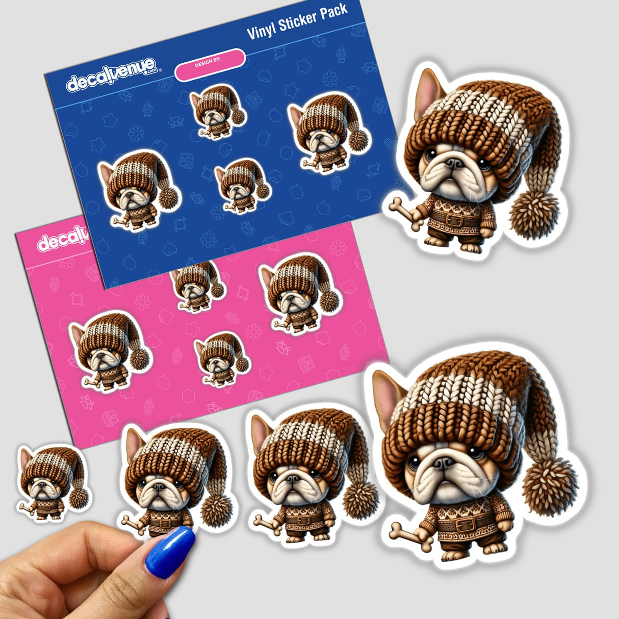 Sticker pack titled 'Bulldog Gnome Holding Dog Bone', featuring cartoon dogs in knitted hats.