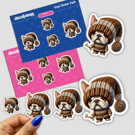 Sticker pack titled 'Bulldog Gnome Holding Dog Bone', featuring cartoon dogs in knitted hats.