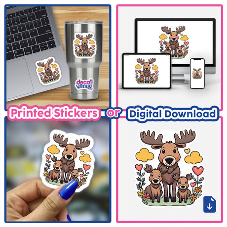 Colorful digital artwork featuring a family of moose surrounded by nature elements like flowers and hearts, suitable for use as stickers or digital downloads.