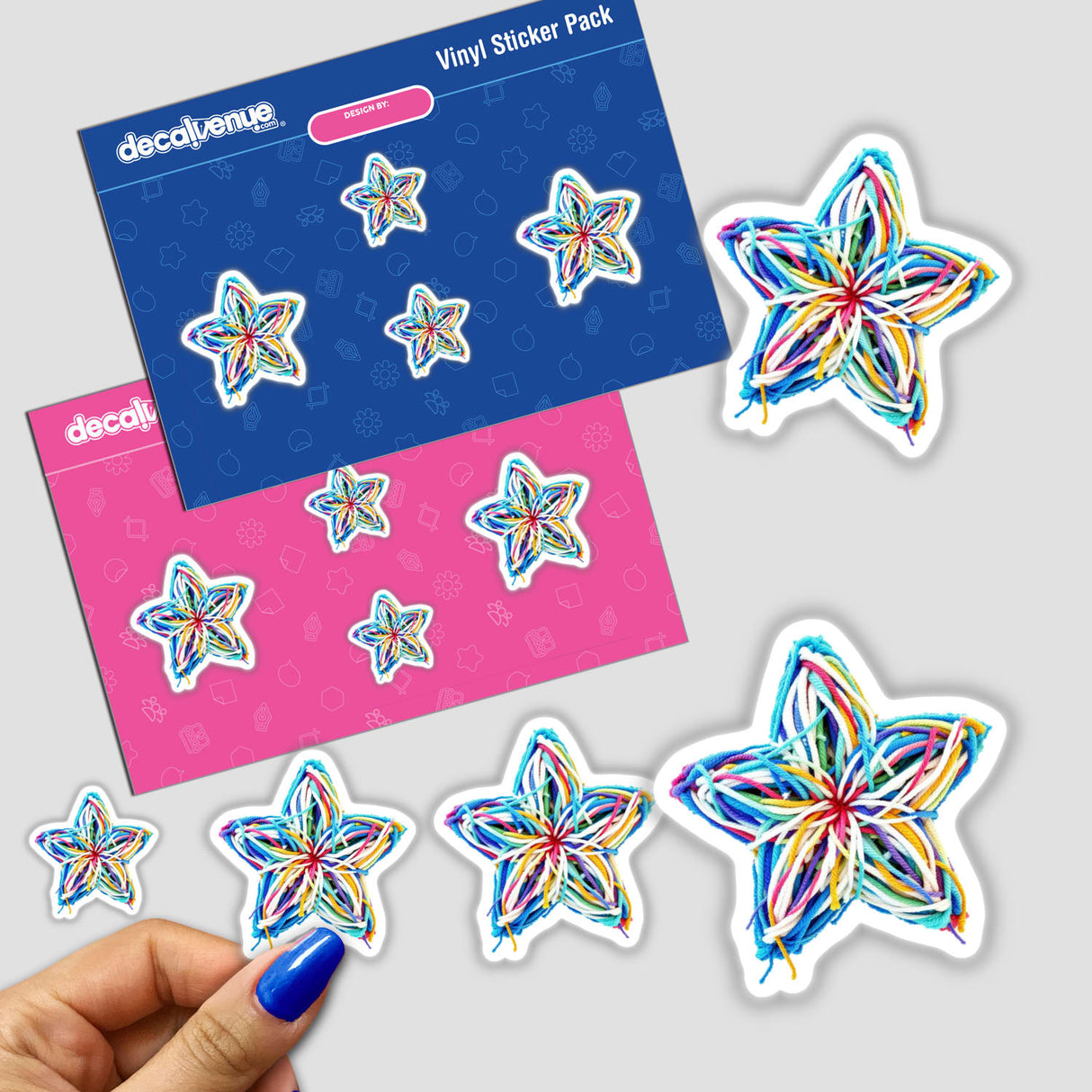 Yarn Star stickers featuring intricate, colorful yarn designs, available as unique decals or digital art. Close-up view highlights texture and craftsmanship, aligning with Decal Venue's artistic offerings.