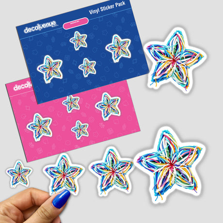 Yarn Star stickers featuring intricate, colorful yarn designs, available as unique decals or digital art. Close-up view highlights texture and craftsmanship, aligning with Decal Venue's artistic offerings.