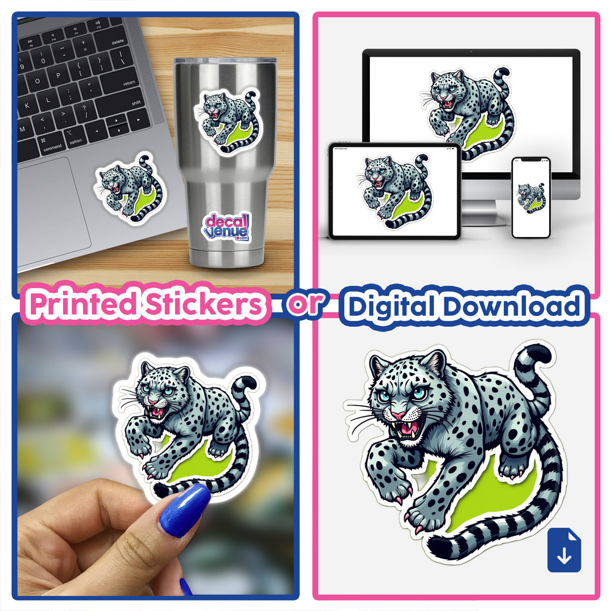 Collage featuring Olha a Onça aí stickers and digital artwork: includes cartoon leopards, a close-up of a leopard decal on a laptop, and detailed leopard illustrations.