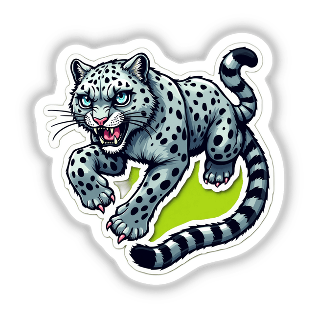 Cartoon leopard illustration titled Olha a Onça aí, showcasing a playful depiction with sharp teeth, available as unique stickers or digital artwork from Decal Venue.